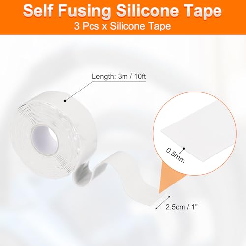 Image of uxcell 3 Pcs Self Fusing Silicone Tape, 1 inch x 10ft Waterproof Water Leak Sealing Tape for Plumbing Pipe Hose Repair Handles, White (0.5mm Thick)