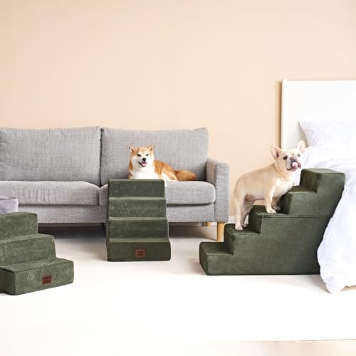 Image of EHEYCIGA Dog Stairs for Small Dogs 13.5 inch H, 3-Step Dog Steps for Couch Sofa and Chair, Pet Steps for Medium Cats, Non-Slip Balanced Pet Ramp Indoor, Military Green