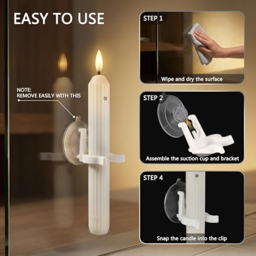 Image of 12 Flameless Led Taper Windows Candles with Sensor Dusk to Dawn & Ivory Striped Candlesticks with Suction Cups, Roman Column Christmas Window Candle Battery Operated for Home Decor