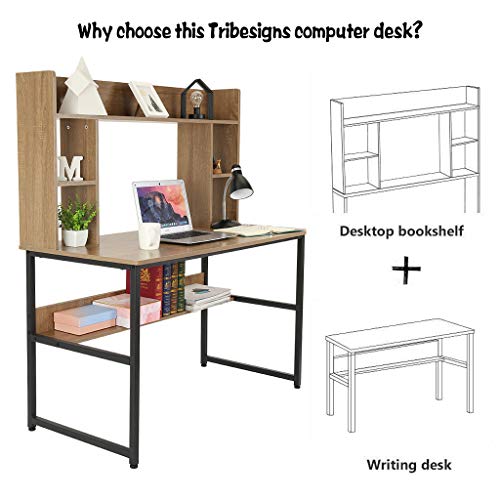Computer Desk with Bookshelf 47 Inches Modern Writing Desk with Hutch Storage Shelves Home Office PC Laptop Study Table Workstation (Ship from US) (47x22.4x54.3 in, Brown) - Thumbnail 3