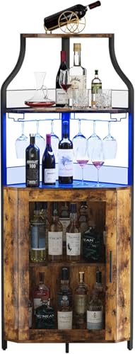 Garvee Weinschrank Eckschrank Weinregal Industrial mit Led Licht Barschrankmit Verstellbarem Weinregal und Glashalter Getränkeaufbewahrung Weinbarschrank für Küche Esszimmer Wohnzimmer Retro