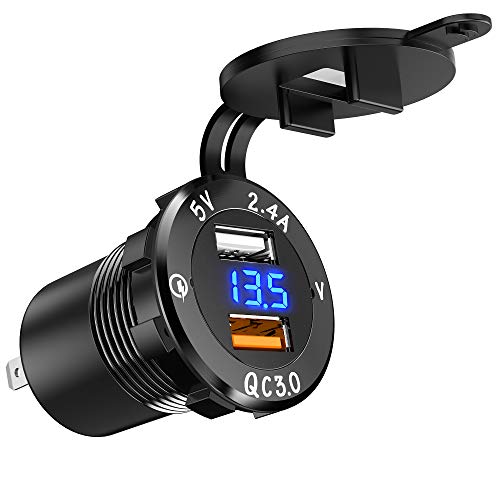 BlueFire Upgraded Aluminum Alloy Quick Charge 3.0 USB Car Charger Socket & 2.4A USB Port IP66 Waterproof Dual USB Power Outlet with Voltmeter for Car Boat Marine Rv Motorcycle(Blue)