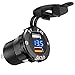 BlueFire Upgraded Aluminum Alloy Quick Charge 3.0 USB Car Charger Socket & 2.4A USB Port IP66 Waterproof Dual USB Power Outlet with Voltmeter for Car Boat Marine Rv Motorcycle(Blue)
