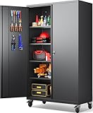 SISESOL Wide & Deep Metal Storage Cabinet with Wheels,Tall Rolling Garage Storage Cabinet with Lock,Black Metal Cabinets with Pegboards and Shelves,Tool Locker for Garage,Home,Office,43''Wx 20''Dx71'H