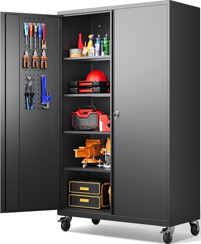 SISESOL Wide & Deep Metal Storage Cabinet with Wheels,Tall Rolling Garage Storage Cabinet with...