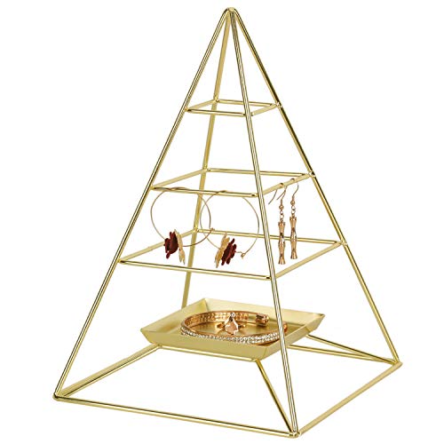 Simmer Stone 3 Tier Pyramid Hanging Jewelry Organizer, Metal Jewelry Display Stand with Tray, Decorative Tower Holder Storage Rack for Earring, Necklace, Bracelet and Accessories, Gold