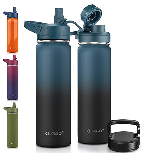 Image of CIVAGO 22 oz Insulated Water Bottle With Straw, Stainless Steel Sports Water Flask Cup with 3 Lids (Straw, Portable Spout and Handle Lid), Double Walled Travel Thermal Canteen Mug, Indigo Black