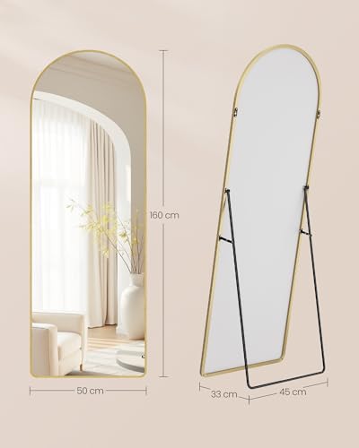 SONGMICS Ganzkörperspiegel, 160 x 50 cm, gewölbter Standspiegel, Rahmen aus Aluminiumlegierung, Hartglas, abgerundete Ecke, für Schlafzimmer, Wohnzimmer, Garderobe, blassgold LFM051AB01