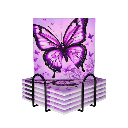 Dessous de verre en céramique papillon violet lot de 6 avec support métal pour table - 2