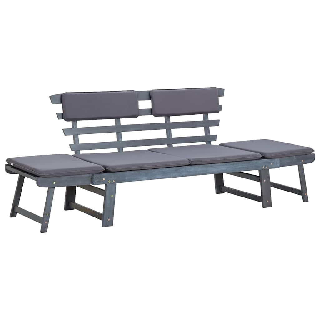 Banco de jardín de madera de acacia 2 en 1, 190 cm, gris, con cojines, banco plegable con laterales ajustables y fundas de almohada extraíbles