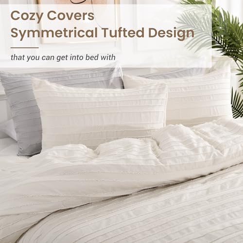 Image of NEXHOME PRO Duvet Cover,Beige 3 Pieces Boho Tufted Duvet Cover Set, Soft and Lightweight 100% Washed Microfiber Comforter Cover Set for All Season(Beige Cal King, 104 x 98)-No Comforter