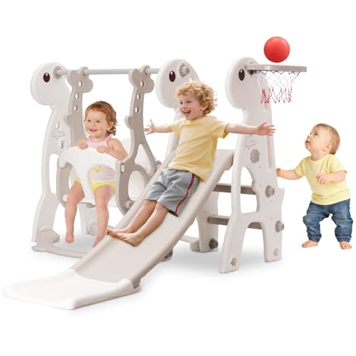 YULEYU Kleinkindrutsche Set, Indoor Baby Rutsche Kletter Freistehendes Spielset mit Basketball-Reifen & Höhenverstellbare Schaukel (Grau)