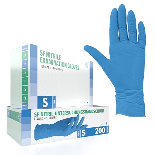 Nitrilhandschuhe 200 Stück Box (S, Nitril blau) Einweghandschuhe, Einmalhandschuhe, Untersuchungshandschuhe, Nitril Handschuhe, puderfrei, ohne Latex, unsteril, latexfrei, disposible gloves, blue, Sma