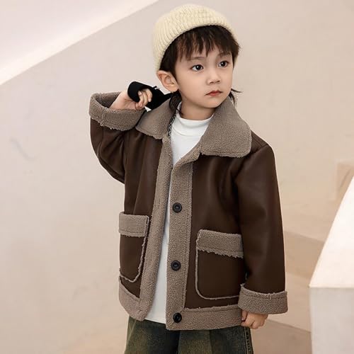 Xiaojmake Boys' Toddler Faux Leather Jacket Casual Button Down Lapel Faux Suede Coat Long Sleeve Fleece Sherpa Lined Jackets3