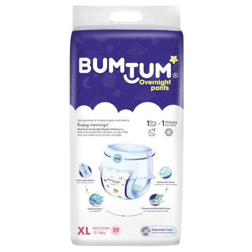 Image of Bumtum Baby Overnight Diaper Pants - Size XL (12-18 kg), 30 Count | All night Absorption with Pillow Soft Comfort | No Leak | 100% Rashfree | With soothing Chamomile Microbial Layer | Pack of 1