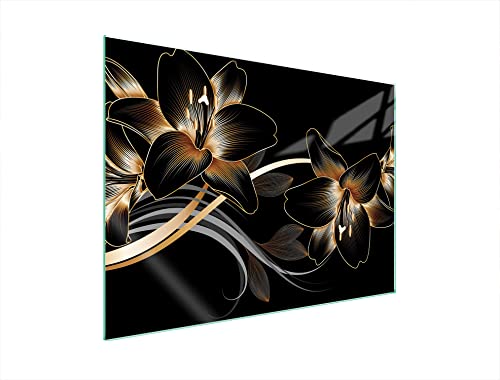 DarHaus Plaque de recouvrement, 70 x 52 cm, en verre, pour cuisinières électrique, à induction, convient comme décoration, protection anti-éclaboussures ou planche à découper, Orchidée Noir