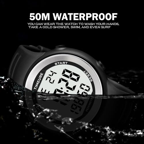 Sport Wasserdicht Schrittzähler Uhr zum Gehen Kein Aufladen Keine App Verbindung mit EL Hintergrundbeleuchtung Einfache, praktische Wahl für mobile Fitnessbegeisterte TIMEURE-2308 (Schwarz)