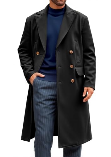 Image of Runcati Mens Trench Coat Notch Lapel Slim Fit Double Breasted Casual Long Business Pea Coat Overcoat