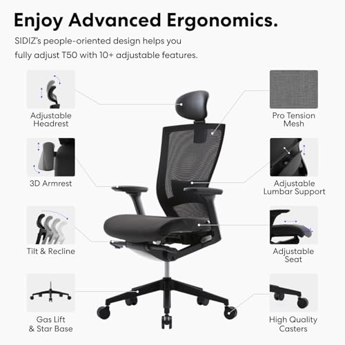 SIDIZ T50 Ergonomic Office Chair : High Performance Home Office Chair with Adjustable Headrest, Lumbar Support, 3D Armrest, Seat Depth, Mesh Back Computer Chair, Alternative Gaming Chair (Black)