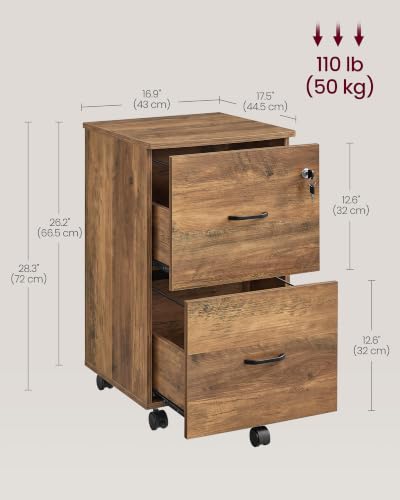 Image of VASAGLE Custos Collection - 2-Drawer File Cabinet, Locking Filing Cabinet for Home Office, Small Rolling Printer Stand, A4, Letter-Size Hanging Files, Assembly Required, Rustic Brown ULCD027K101S