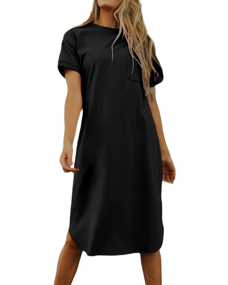 Imily Bela Dame Tshirt Kleid Sommer Shirtkleid Baumwolle Kurzarm Rundhals Minikleider Freizeitkleid mit Taschen.