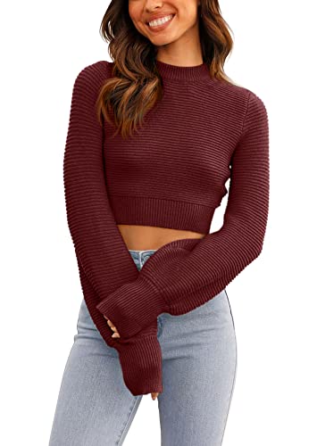 Image of Womens Sexy Crew Neck Cropped Sweaters Knit Long Sleeve Crop Tops Pullover | Ribbed Knit, Long Sleeve, Crop Tops, Pullover,Crew Neck