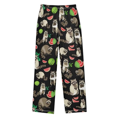 ZZXXB Raccoon Watermelon Boys Long Pants Soft Trousers Elastic Waist Kids Lounge Bottoms with Pockets S-XL