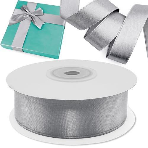 Decoraparty Cinta plateada de 25 mm de raso, cinta plateada satinada para envolver regalos, decoración, Navidad, elegante rollo bobina longitud 25 metros