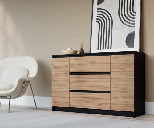 3xEliving Commode avec 2 Portes, 3 tiroirs Noir & chêne wotan, L: 120cm H: 79cm P: 39cm, Armoire Chambre Adulte & Enfant, Buffet Salon, Commode Chambre, Meuble de Rangement, Rangement Chambre
