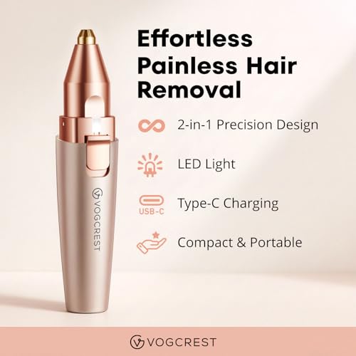 VG VOGCREST Augenbrauen-Gesichtstrimmer 2 in 1 Wiederaufladbare Gesichtshaarentfernung und Augenbrauenrasierer - Gesicht Lippen Körper Schmerzloser Gesichtsrasierer mit eingebauter LED (Rosé gold) 2