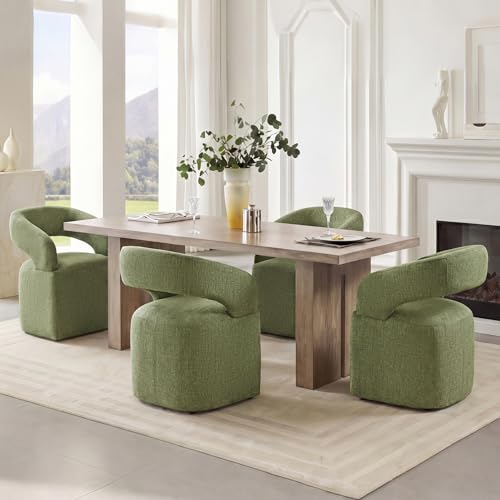 Image of KISLOT Upholstered Dining Chairs Set of 4, Modern Arm Kitchen & Dining Room Chairs with Hidden Casters, Linen Fabric Padded Rolling Chairs, Sturdy Wood Frame, 300 lbs Capacity, Moss Green