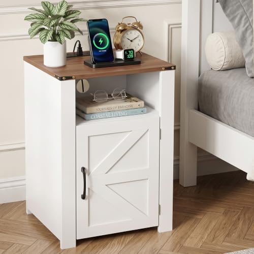 Image of VECELO Farmhouse Nightstand with Charging Station, Rustic Wooden Bedside Table,End Table with Open Shelf & Hidden Storage Cabinet for Bedroom, Living Room, White