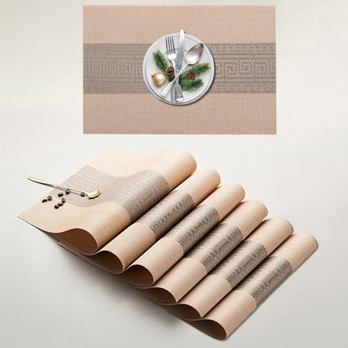 Image of YELONA Placemats Set of 6, Heat-Resistant Woven Vinyl Table Mats, Non-Slip & Washable Dining Tablemats for Kitchen & Dinner Decor, Almond Beige (45cm x 30cm)