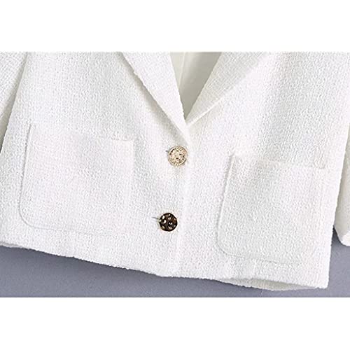 Straw Women Fashion Metal Button Tweed Cropped White Blazer Coat Vintage Short Sleeve Pockets Female Outerwear Chic Tops (Color : White, Size : M Code) #TOP5