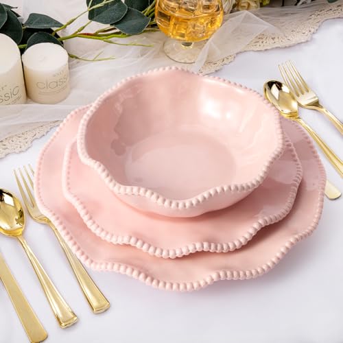 Image of Pink Melamine Dinnerware Sets for 4,Scalloped Plates and Bowls Set with Beaded Edge, BPA Free Dishwasher Safe, Heavy Duty Shatterproof Unbreakable Tableware for Wedding Party Camping Outdoor