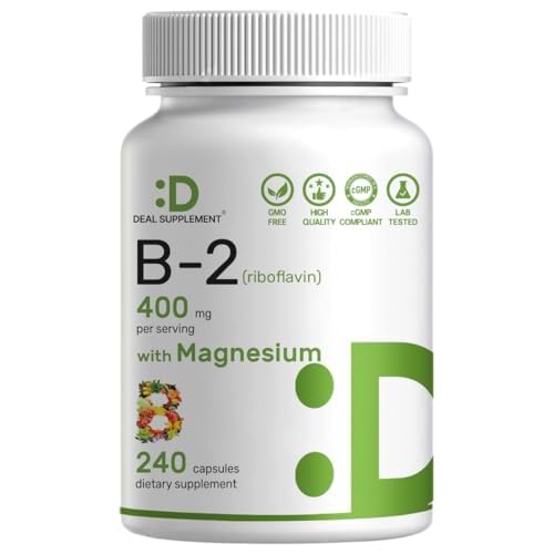 DEAL SUPPLEMENT Vitamin B2 400mg (Riboflavin) | with Magnesium Glycinate 400mg, 240 Capsules – 2 in 1 Support Healthy Nervous System, Mood, Blood & Energy Production, Non-GMO
