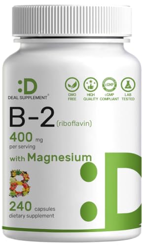 DEAL SUPPLEMENT Vitamin B2 400mg (Riboflavin) | with Magnesium Glycinate 400mg 240 Capsules 2 in 1 Support Healthy Nervous System Mood Blood & Energy Production Non-GMO