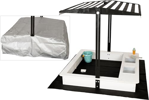 WONDERMAKE® Sabbiera di design con cucina fangosa, tetto, copertura Oxford 420D, pellicola in tessuto non tessuto, sandbox in legno quadrato, richiudibile, per esterni, per bambini, colore: bianco e
