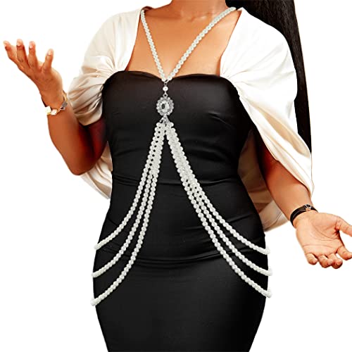 ELABEST Pearl Body Chain White Layered Pearls Crystal Cross Body Jewelry for Women