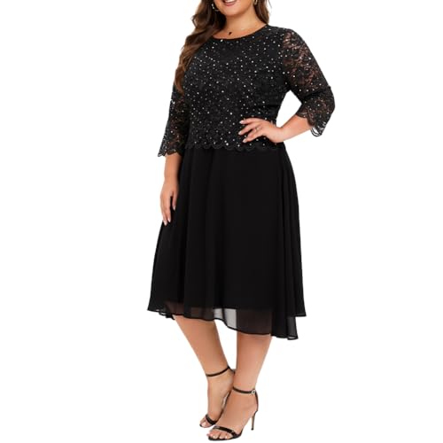 Women's Plus Size Tea Length Sequin Lace Dress Mother Gifts Special Occasion Wedding Party Dresses3
