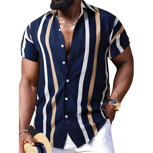 Chickwin Camisas Hombre Manga Corta, Estilo de Rayas Simples Camisa Hawaiana Hombre, S-4XL Refrescante Informal Manga Corta para Vacaciones, Playa, Verano (Azul Marino,3XL)