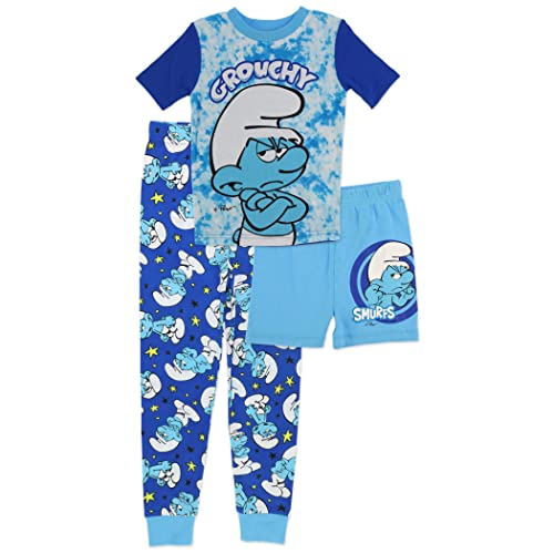Smurfs Boys' Cotton Pajamas, Grouchy Smurf 3-Piece Set, Blue, Little Kid Size 4 to 10