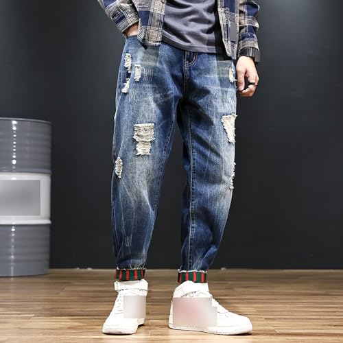 Men's Casual Distressed Jeans Twill Drop Crotch Jogger Denim Pants Classic Pocket Zipper Pantalon Jean2