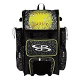 Boombah Rolling Superpack Baseball/Softball Gear Bag - Telescopic Handle - Holds 4 Bats - Wheeled Version - Softball Highlight Black/Optic Yellow/Red