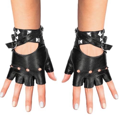 Skeleteen Fingerless Faux Leather Gloves - Black Biker Punk Gloves with Belt Up Closure and Rivet...