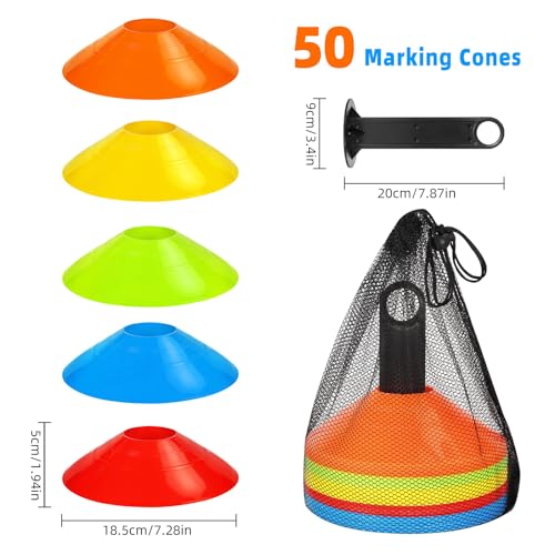 TEGOVE KIMIGO Markierungshütchen Hütchen Kegel,Fussball Hütchen Mit Ständer,Netztasche,Kann für koordiniertes Training im Hockey,Eislaufen,Handball,Fußball und in der Leichtathletik verwendet Werden