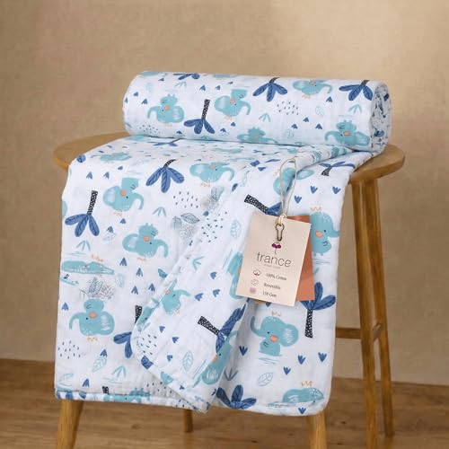 Image of Trance Home Linen 100% Cotton | New Born Baby Blanket | Baby Dohar Swaddler Comforter | Warm Baby Essential (1 Month to 12 Months 100x70 Centimeters | Blue Elephant)