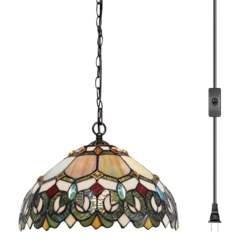 HWDFEI Tiffany Pendant Light Plug in Stained Glass Hanging lamp 12X12X181 Inch Hanging Lamp Living Room Bedroom Kitchen Dining Room Office (Seven Color Baroque)