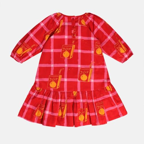 Image of miniklub Girls Boat Neck Knee Length Woven Cotton Dress (Red Color)