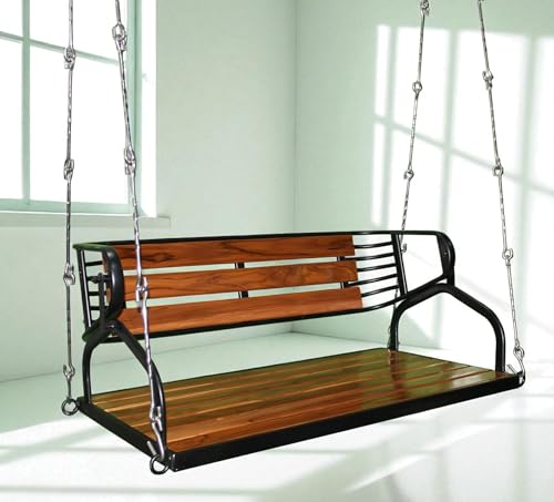 Image of Kaushalendra Hanging Swing for Indoor Outdoor Balcony, 91 cm Stainless Steel & Teak Wood, 300kg Capacity, Pre Assembled, Black Powder Coated, Includes Springs & Hooks